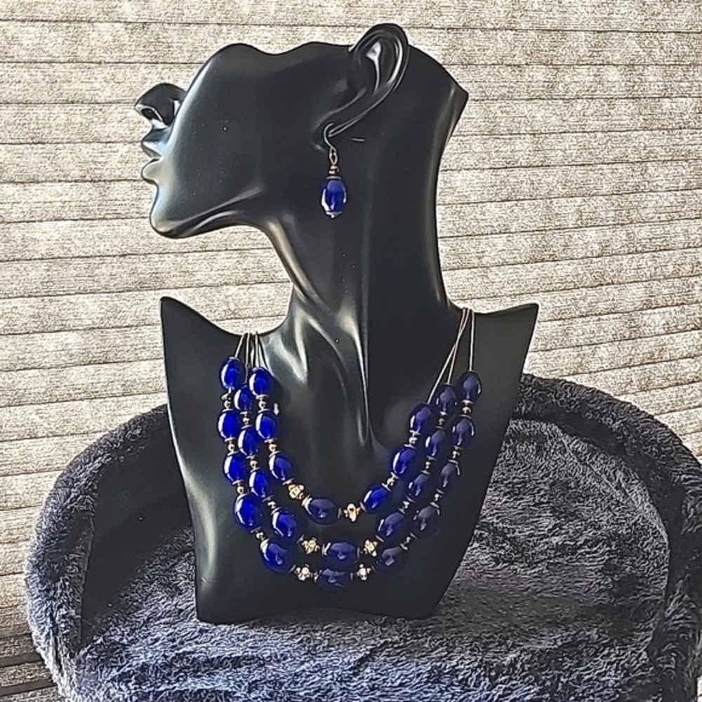 Blue and Gold Layered Necklace and Earring Set
